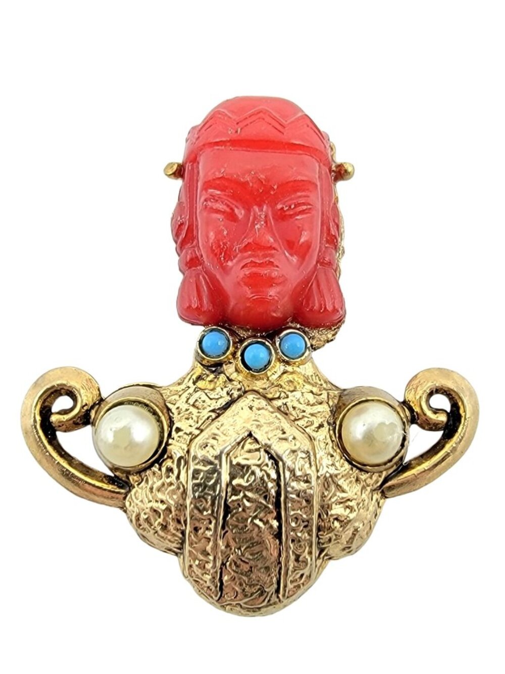 Gold Tone Red Plastic Face Faux Pearl Selro Style Asian Goddess Pin Brooch